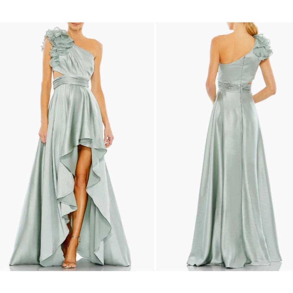 Mac Duggal Ruffle One-Shoulder High-Low Satin Gown in Sage NWT SZ 14 $398